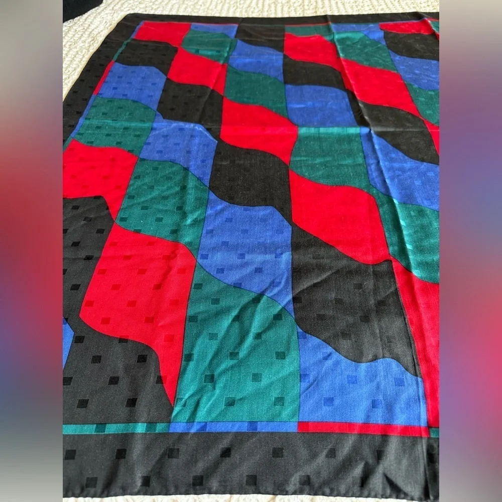 Ginnie Johansen Vintage Silk Scarf 35” Black Blue Green Red Rolled Edges